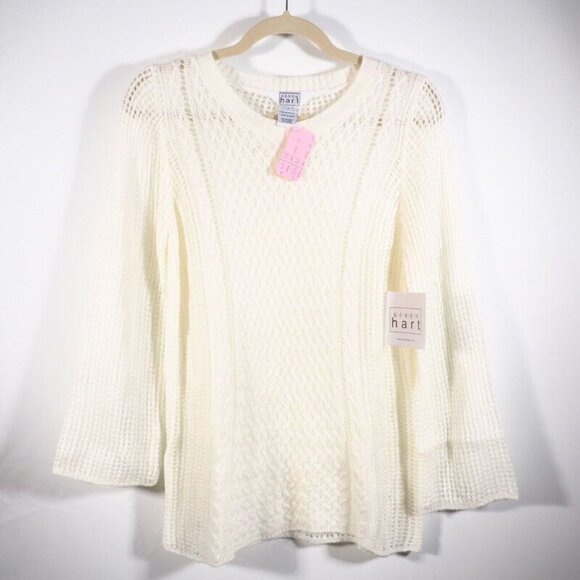 Keren Hart Womens Sweater SIze M Crocheted Ivory Crew Neck Bell Long Sleeve - Picture 9 of 10